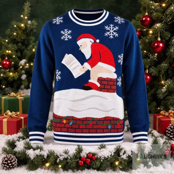 Ugly Christmas Pooping Santa Claus Chimney Newspaper Graphic Knit Pullover
