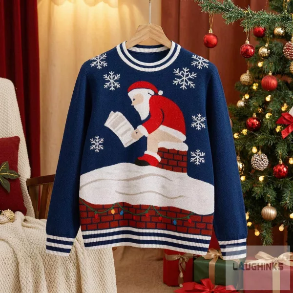 Ugly Christmas Pooping Santa Claus Chimney Newspaper Graphic Knit Pullover