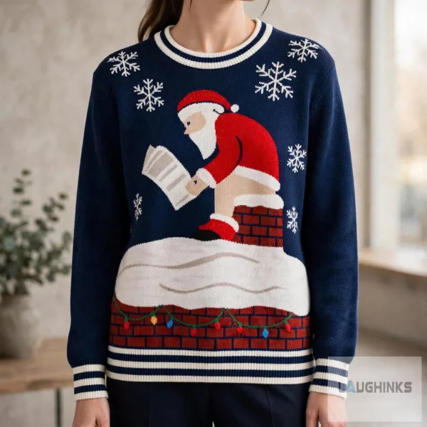Ugly Christmas Pooping Santa Claus Chimney Newspaper Graphic Knit Pullover