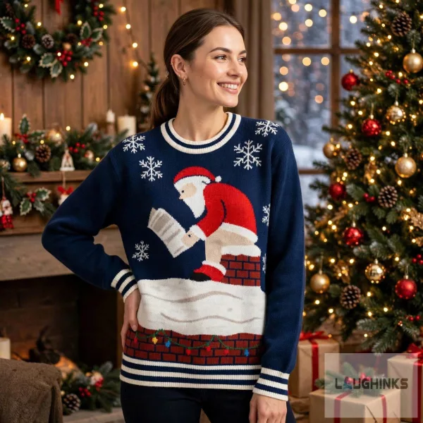 Ugly Christmas Pooping Santa Claus Chimney Newspaper Graphic Knit Pullover