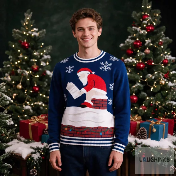 Ugly Christmas Pooping Santa Claus Chimney Newspaper Graphic Knit Pullover