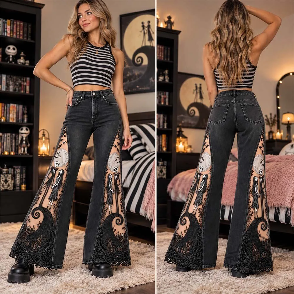 The Nightmare Before Christmas Jack And Sally Lace Wide Leg Flare Jeans 8 The Nightmare Before Christmas Jack And Sally Lace Wide Leg Flare Jeans
