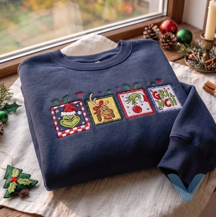 Grinch Inspired Embroidered Sweatshirt, Retro Christmas Crewneck, Funny Holiday Sweater, Vintage Christmas Gift for Her 6 Grinch Inspired Embroidered Sweatshirt, Retro Christmas Crewneck, Funny Holiday Sweater, Vintage Christmas Gift for Her