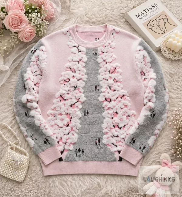Ugly Cherry Blossom Tree Path Graphic Knit Pullover Sweater