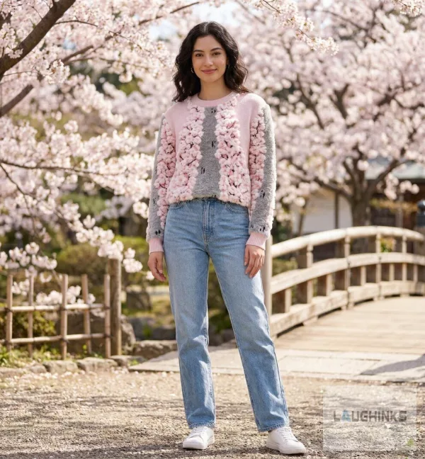 Ugly Cherry Blossom Tree Path Graphic Knit Pullover Sweater