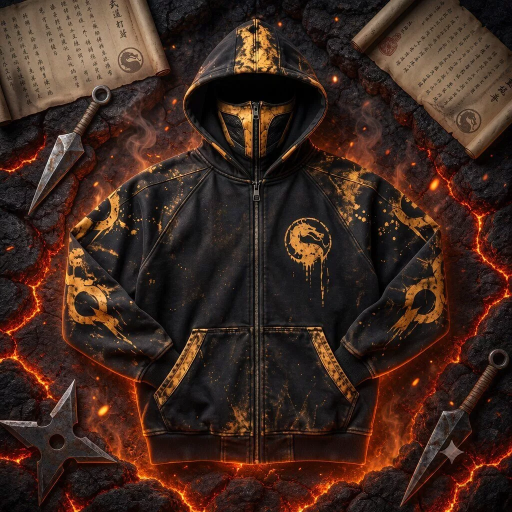 H&M x Mortal Kombat Scorpion Zip Balaclava Mask Zip Up Hoodie 2 H&M x Mortal Kombat Scorpion Zip Balaclava Mask Zip Up Hoodie product image showing design and details