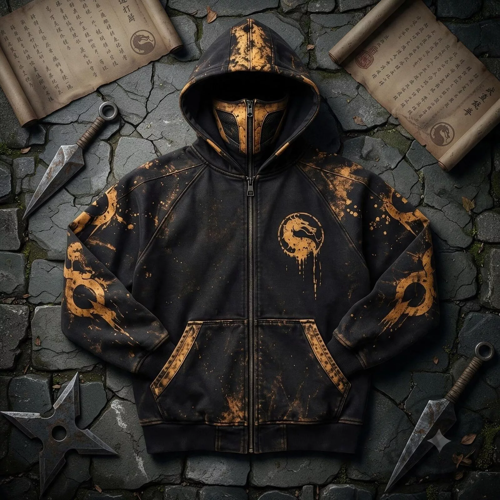 H&M x Mortal Kombat Scorpion Zip Balaclava Mask Zip Up Hoodie 3 H&M x Mortal Kombat Scorpion Zip Balaclava Mask Zip Up Hoodie product image showing design and details