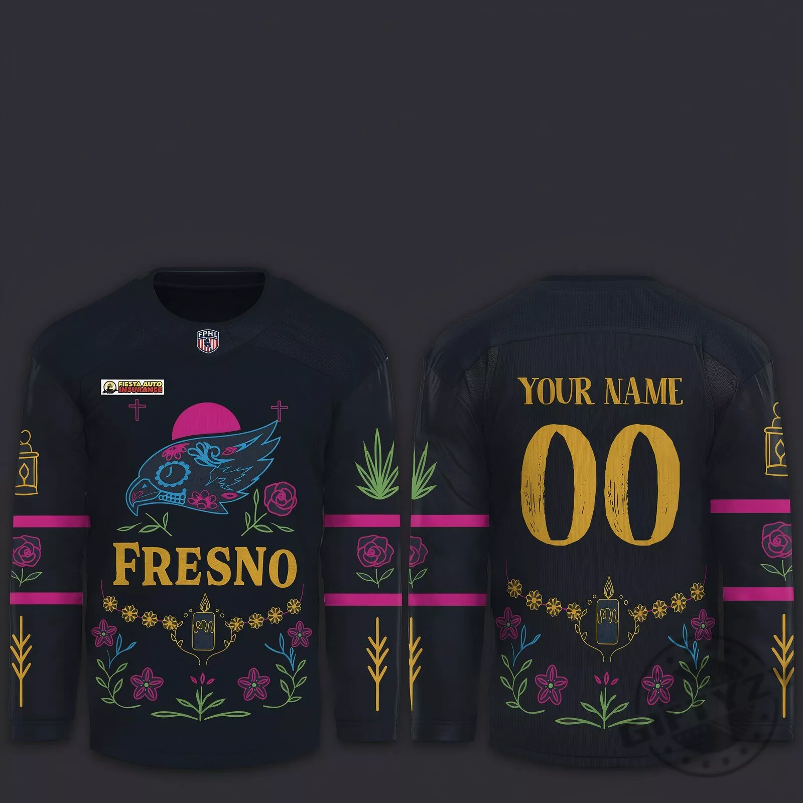 Fresno Falcons Dia De Los Muertos 2026 Custom Name Hockey Jersey 2 Fresno Falcons Dia De Los Muertos 2026 Custom Name Hockey Jersey product image showing design and details
