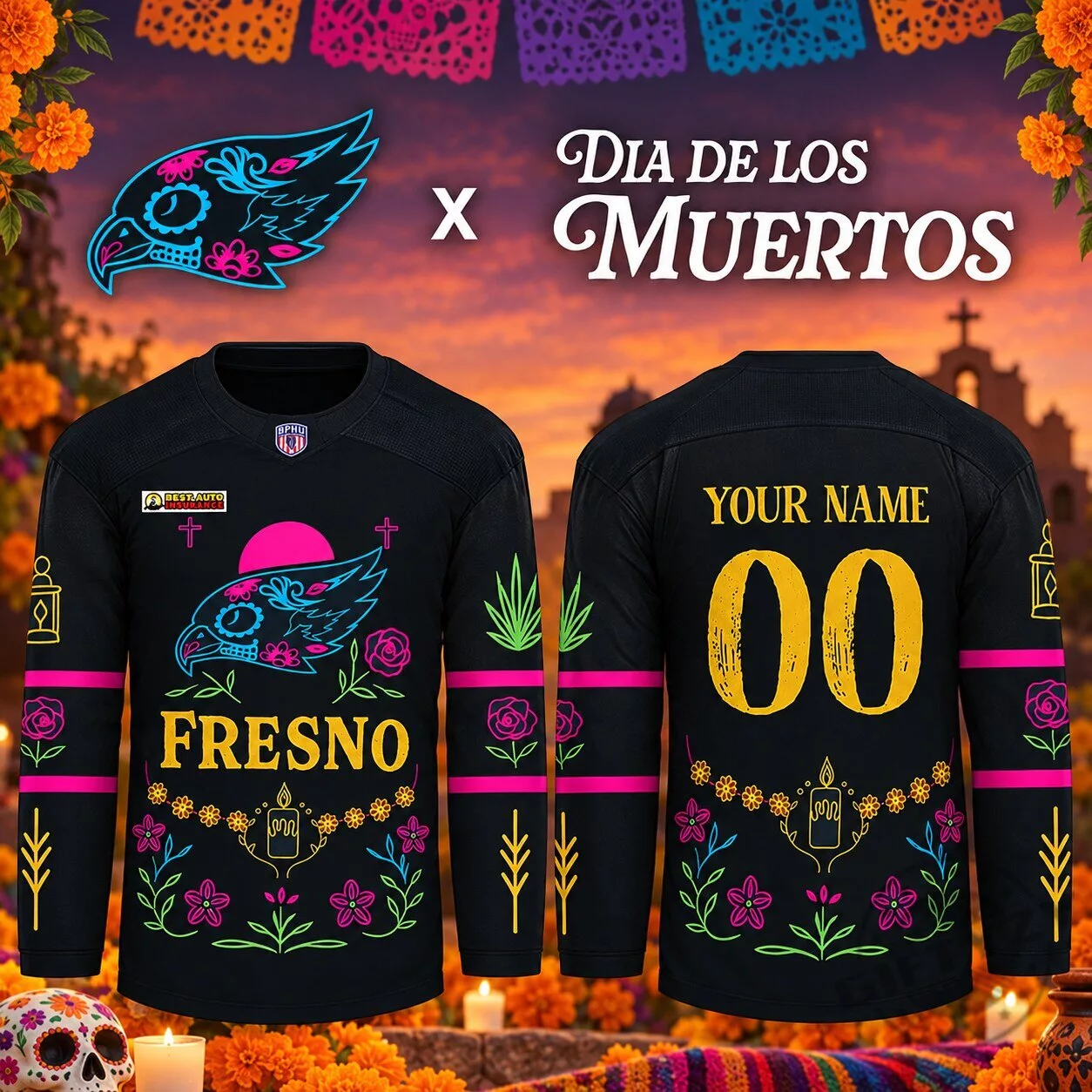 Fresno Falcons Dia De Los Muertos 2026 Custom Name Hockey Jersey 3 Fresno Falcons Dia De Los Muertos 2026 Custom Name Hockey Jersey product image showing design and details
