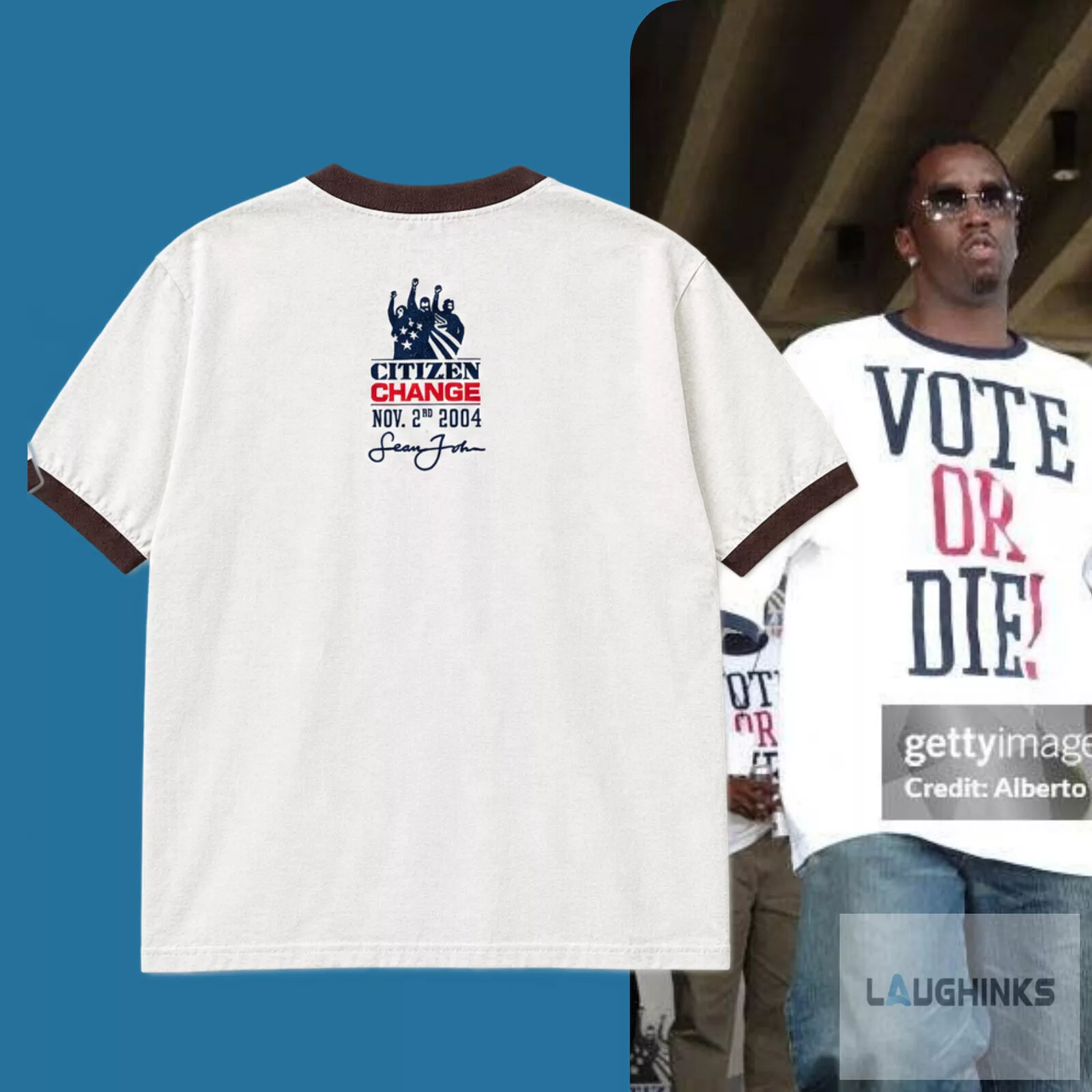 2004 p diddy citizen change vote or die ringer tee shirt reprinted 2004 P Diddy Citizen Change Vote or Die Ringer Tee Shirt Reprinted – image 2 of 3