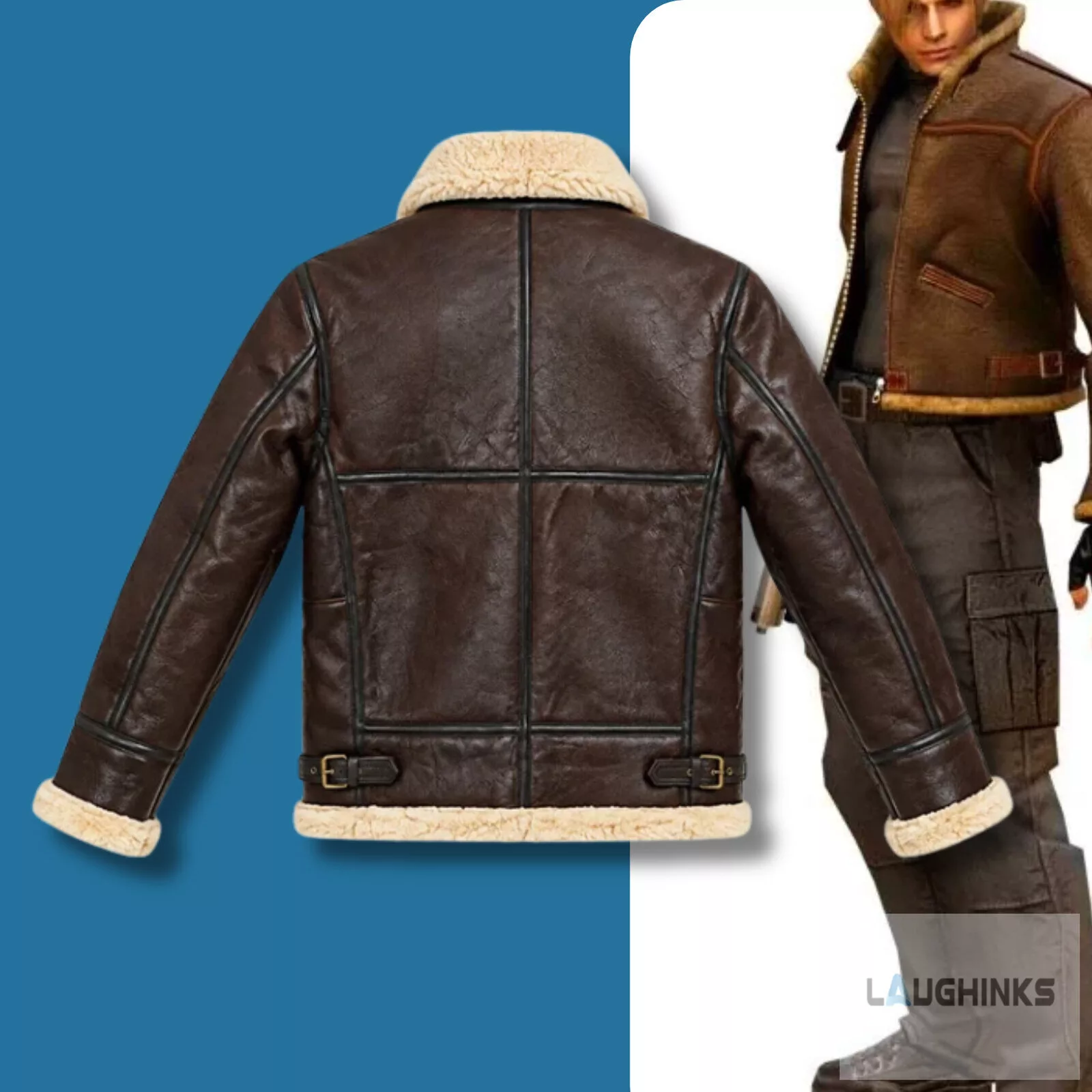 leon kennedy re4 shearling leather jackets brown resident evil cosplay costume shirt Leon Kennedy RE4 Shearling Leather Jackets Brown Resident Evil Cosplay Costume Shirt – image 2 of 6