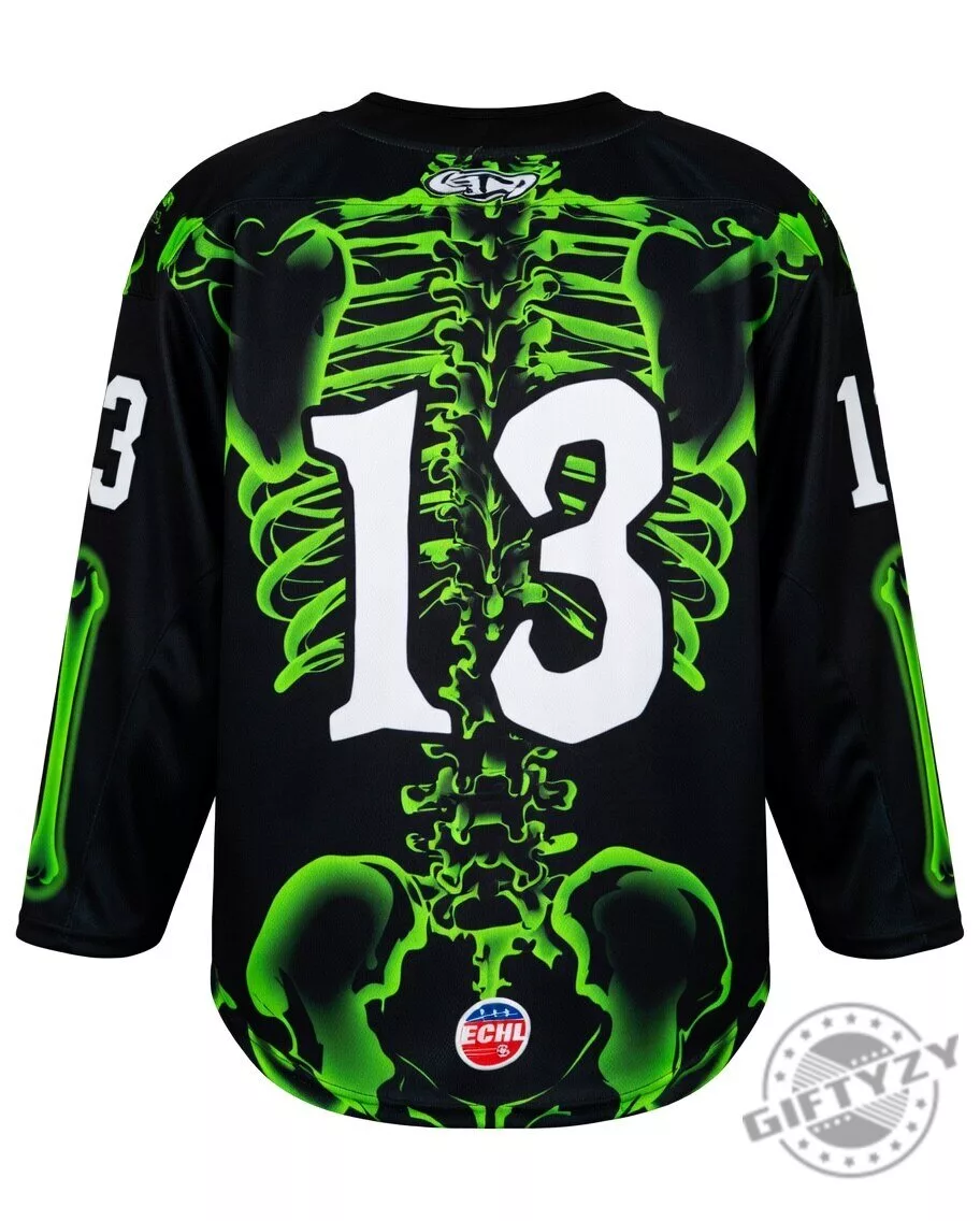 Savannah Ghost Pirates ECHL team skeleton-themed hockey jersey 3 Savannah Ghost Pirates ECHL team skeleton-themed hockey jersey product image showing design and details