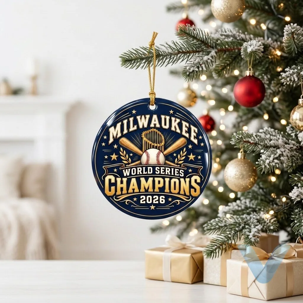 Milwaukee 2026 World Series Champions Ornament, Navy & Gold Ceramic Christmas Decoration