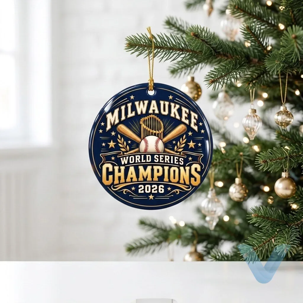 Milwaukee 2026 World Series Champions Ornament, Navy & Gold Ceramic Christmas Decoration