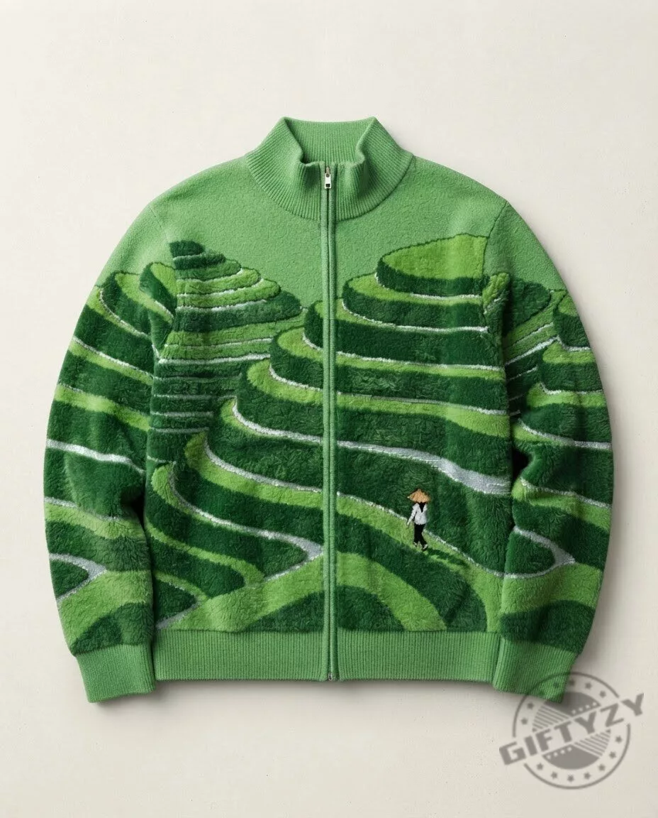 terraced green mountain landscape motif sweatshirt