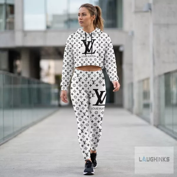 Black and White Monogram LV Set of Leggings and Crop Hoodie for Women
