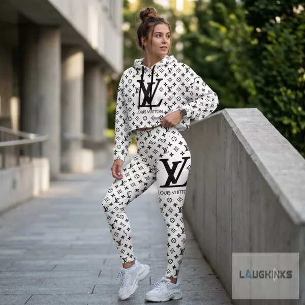 Black and White Monogram LV Set of Leggings and Crop Hoodie for Women