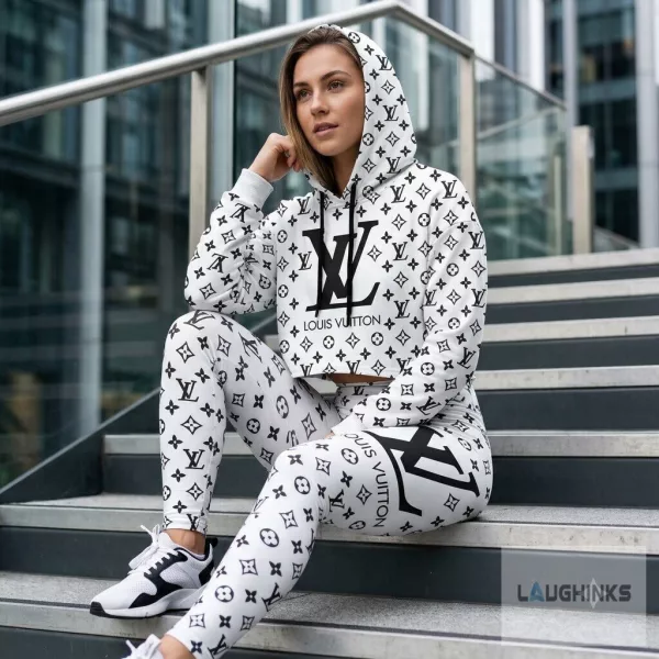 Black and White Monogram LV Set of Leggings and Crop Hoodie for Women