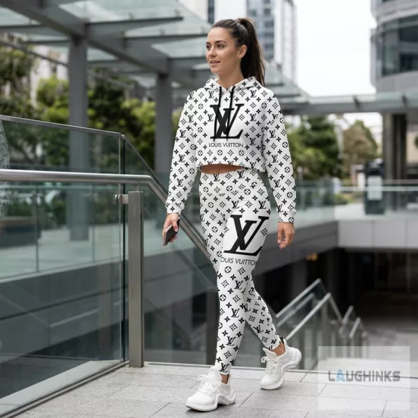 Black and White Monogram LV Set of Leggings and Crop Hoodie for Women