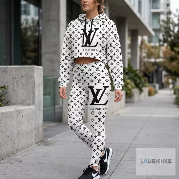 Black and White Monogram LV Set of Leggings and Crop Hoodie for Women