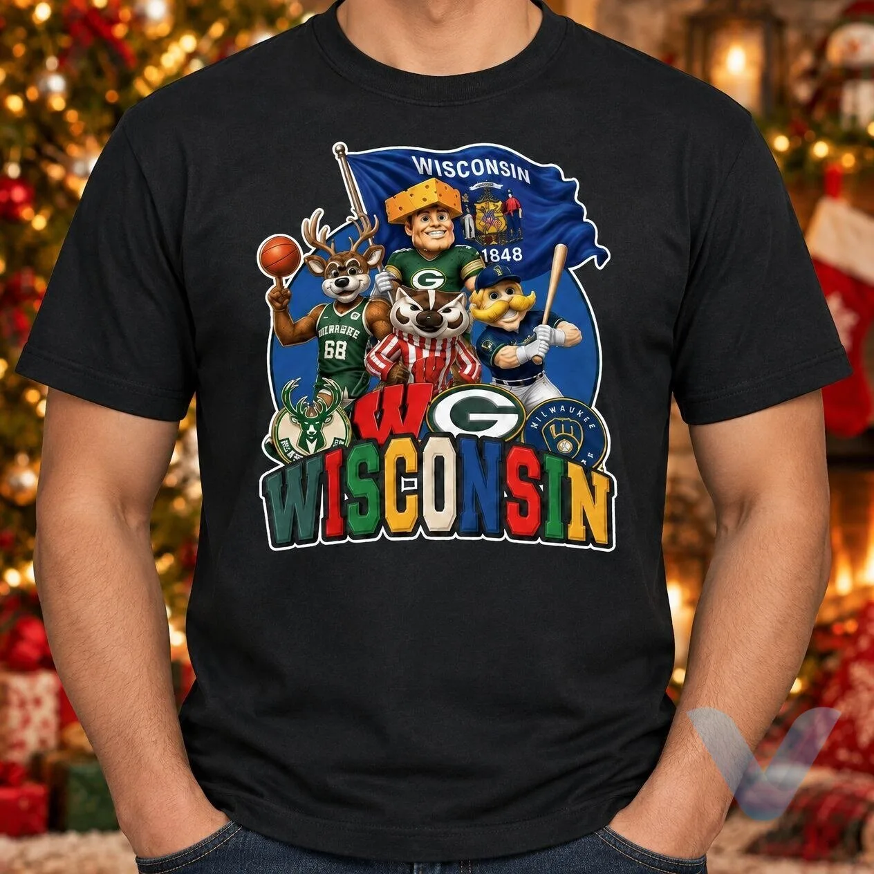 Wisconsin teams Green Bay Packers, Milwaukee Bucks, Milwaukee Brewers, and Wisconsin Badgers t shirt