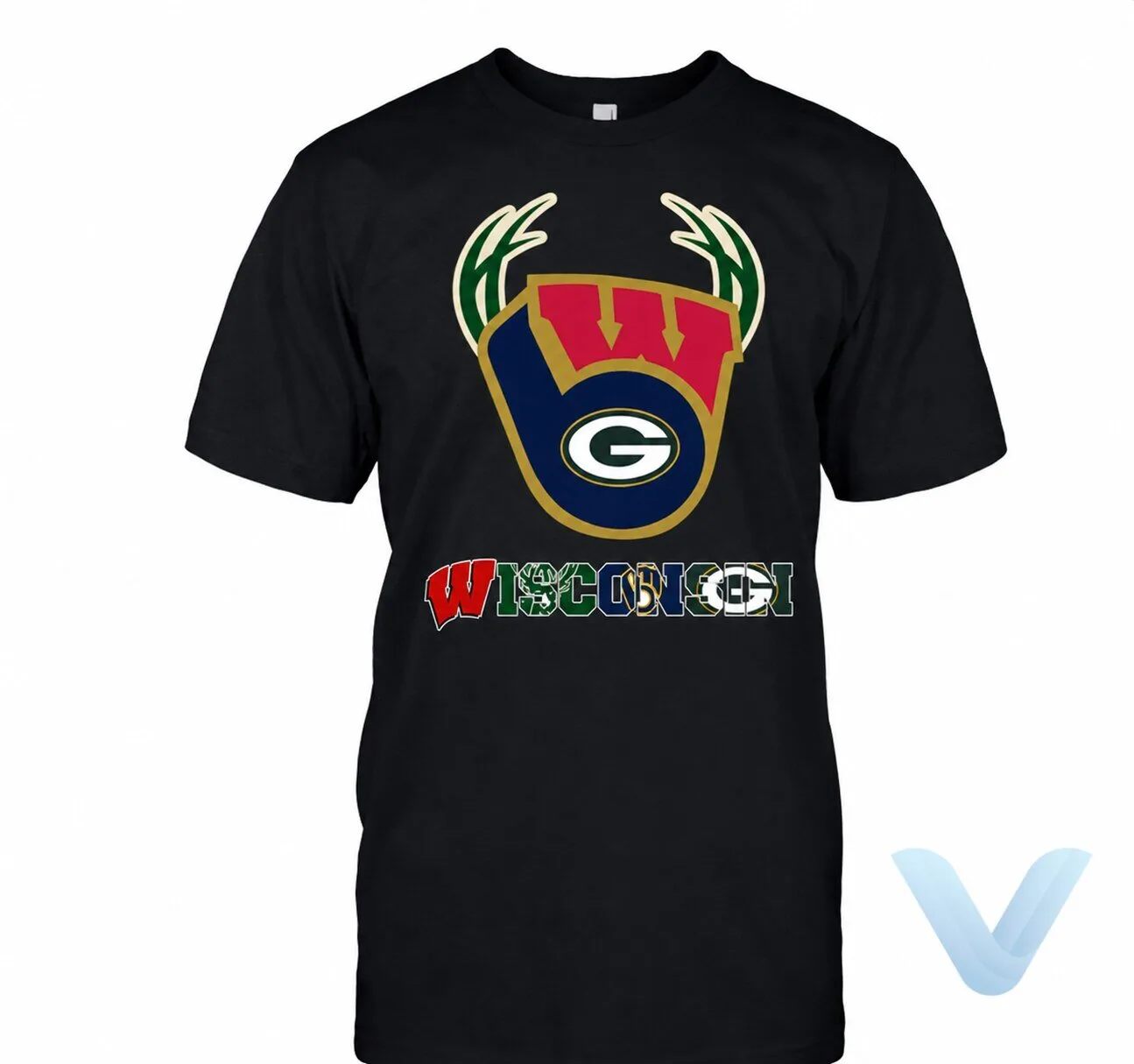 Wisconsin Green Bay Packers, Milwaukee Bucks, Milwaukee Brewers, and Wisconsin Badgers logo t shirt Wisconsin Green Bay Packers, Milwaukee Bucks, Milwaukee Brewers, and Wisconsin Badgers logo t shirt – image 2 of 3