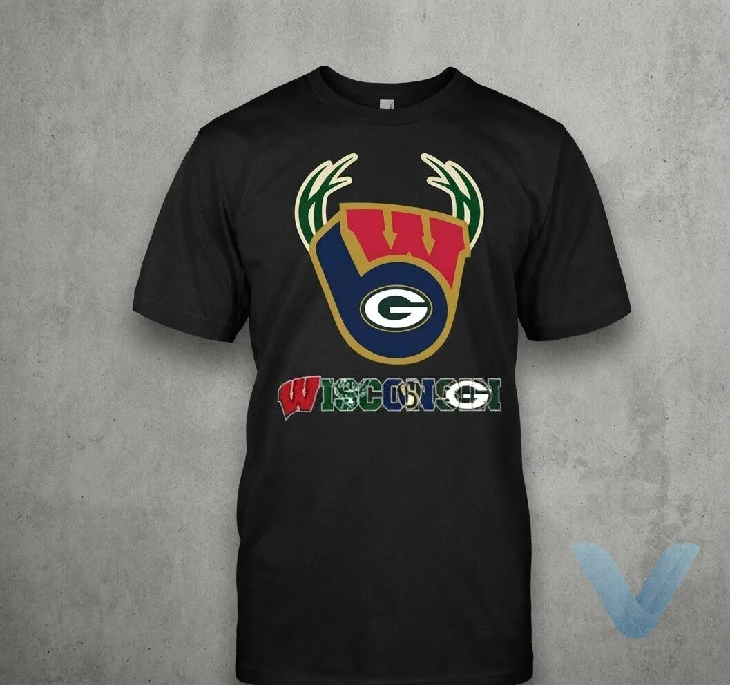 Wisconsin Green Bay Packers, Milwaukee Bucks, Milwaukee Brewers, and Wisconsin Badgers logo t shirt Wisconsin Green Bay Packers, Milwaukee Bucks, Milwaukee Brewers, and Wisconsin Badgers logo t shirt – image 3 of 3