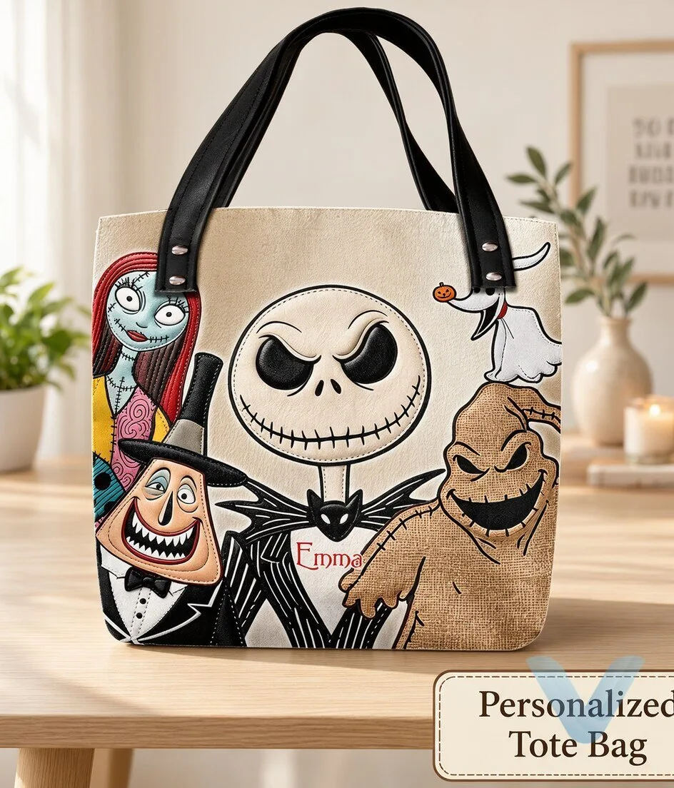The Nightmare Before Christmas Jack Skellington, Sally, Zero, Lock, and Oogie Boogie personalized name tote bag 8 The Nightmare Before Christmas Jack Skellington, Sally, Zero, Lock, and Oogie Boogie personalized name tote bag