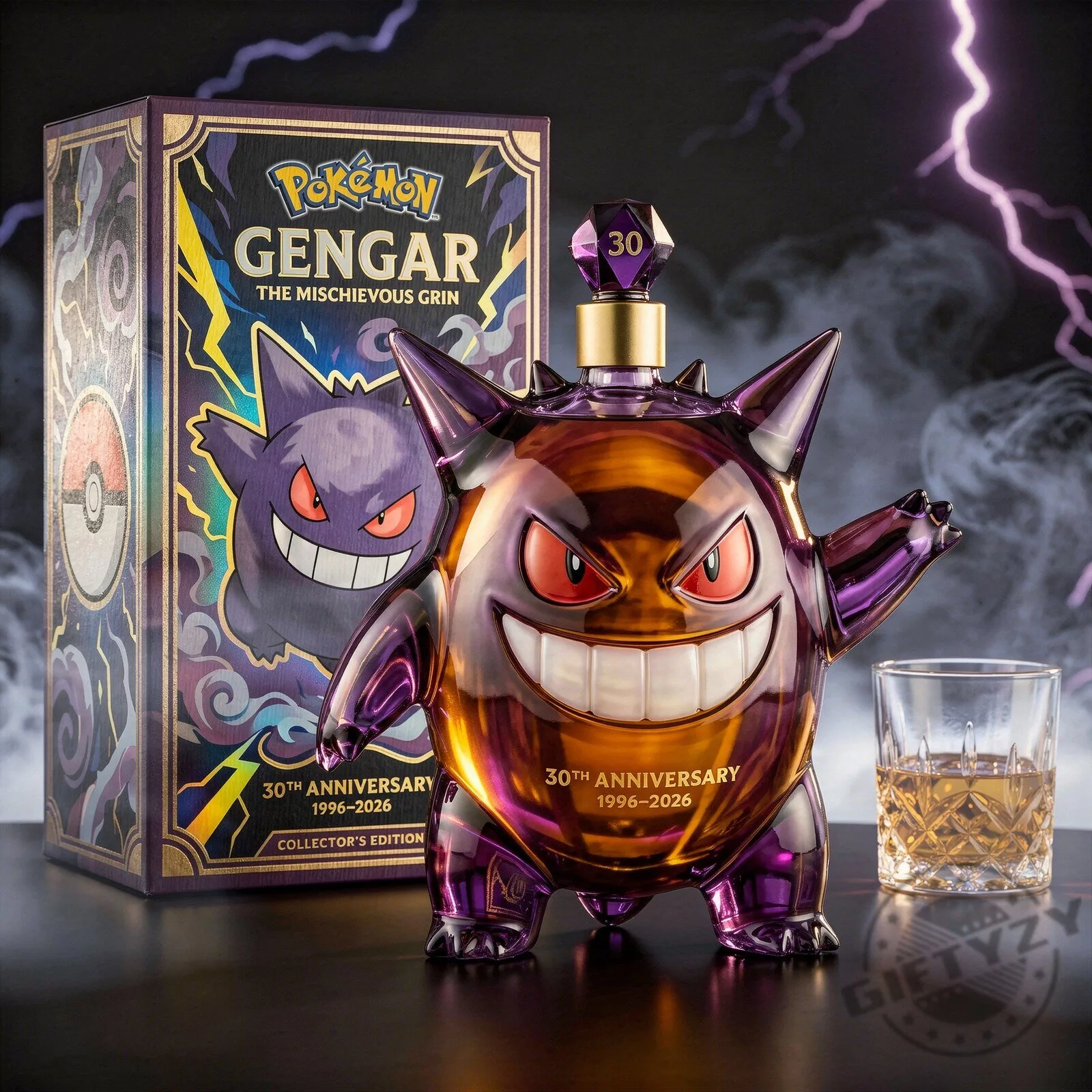 The Mischievous Grin Pokemon 30th Anniversary Whiskey Bottle
