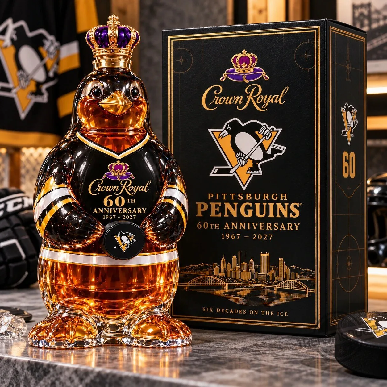 Crown Royal Pittsburgh Penguins 60th Anniversary Limited Edition Whisky Bottle Decanter 5 Crown Royal Pittsburgh Penguins 60th Anniversary Limited Edition Whisky Bottle Decanter