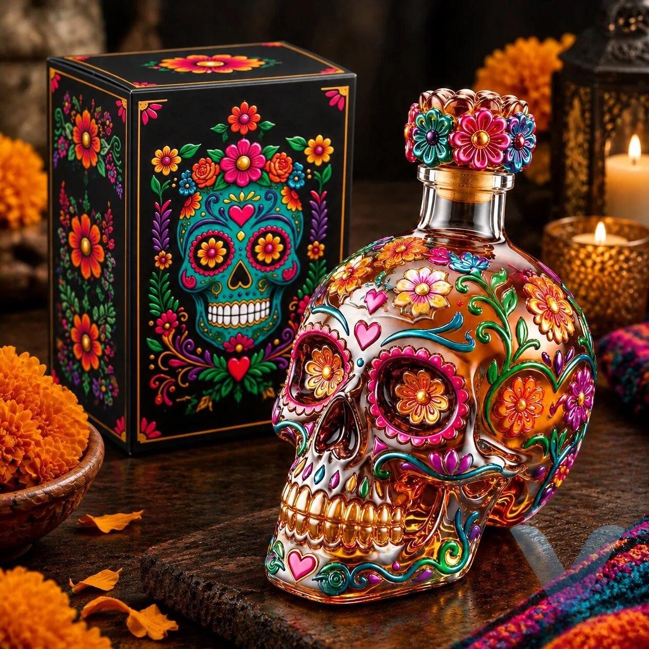 Jose Cuervo Day of the Dead (Día de los Muertos) edition skull-shaped glass bottle decanter