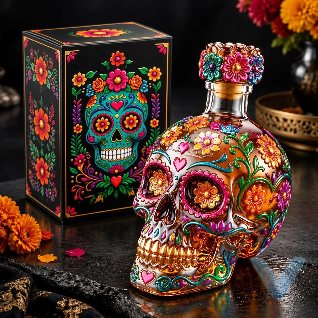 Jose Cuervo Day of the Dead (Día de los Muertos) edition skull-shaped glass bottle decanter